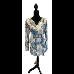 Tralilbee Blouse Top Size Large + Stretch White Turquoise Paisley Long Sleeve